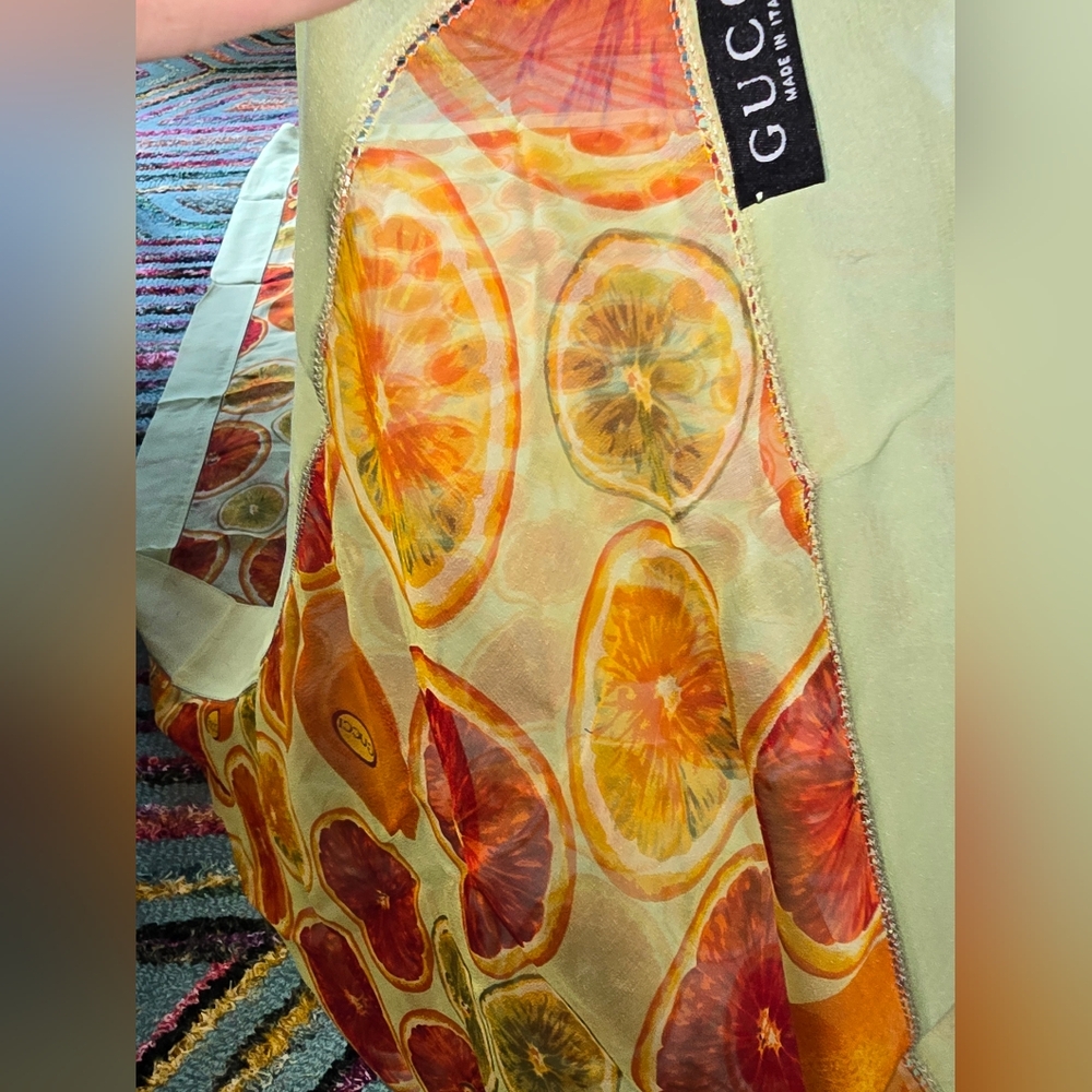 EUC Authentic Gucci Citrus Print Long 100% Silk Scarf 64"x26"‎ - Picture 5 of 9